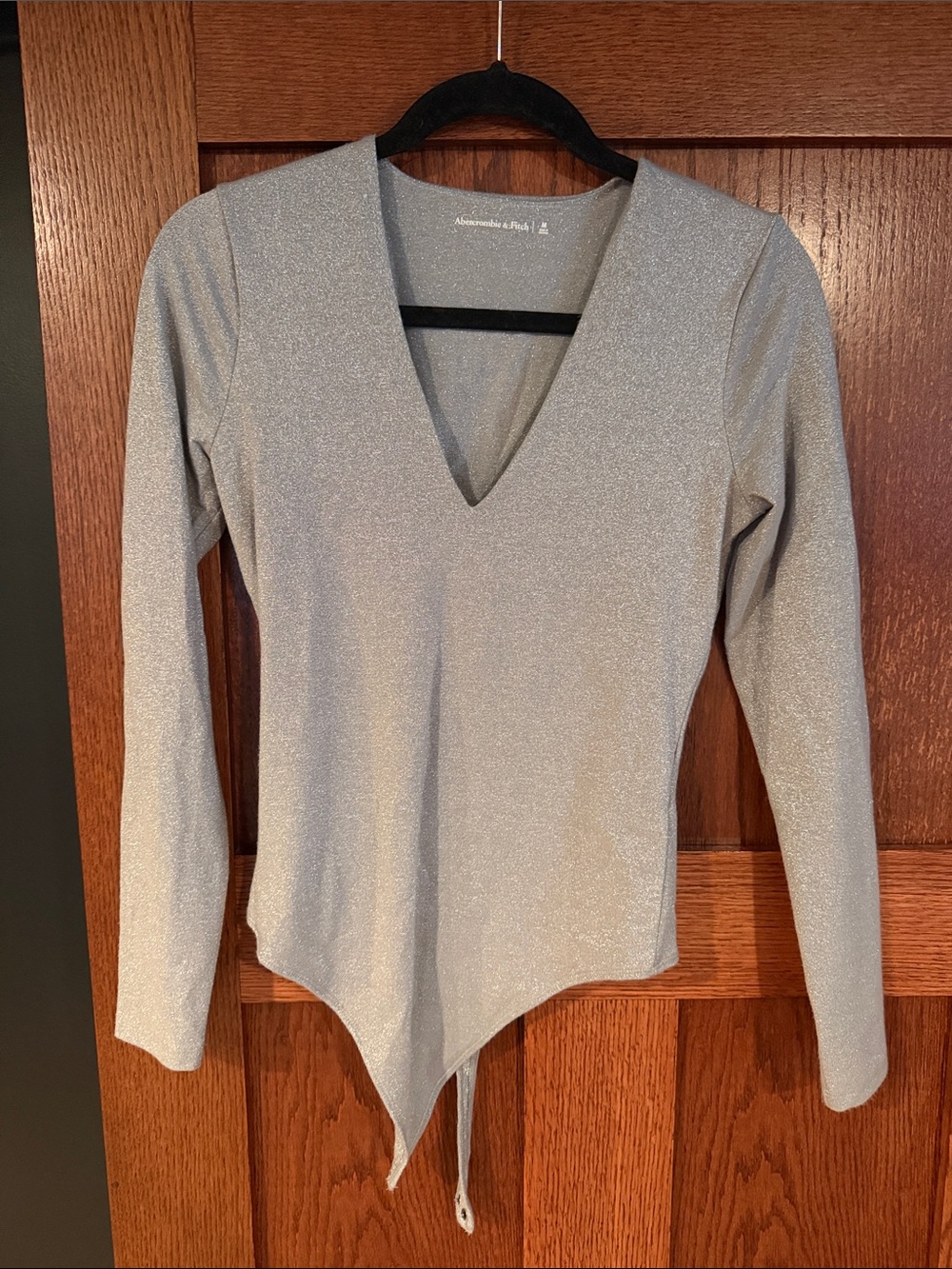 Abercrombie & Fitch Silver Sparkle V-Neck Long-Sleeve Bodysuit